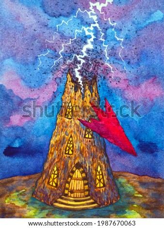 thunderbolt strike lightning hit roof of castle tower watercolor painting illustration art design