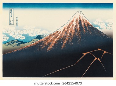 Thundershower beneath the summit, 1994 by Katsushika Hokusai. Vintage Japanese artwork by famous artist Katsushika Hokusai. Vintage art illustration by Katsushika Hokusai.