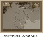 Tianjin, municipality of China. Elevation map colored in sepia tones with lakes and rivers. Locations and names of major cities of the region. Corner auxiliary location maps