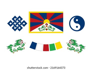Tibet symbol icon set. Flag of tibet, snow lion, endless knot, yin and yang buddhist symbol icon set isolated on a white background. Tibetan symbols design element