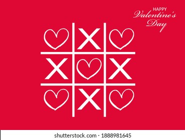 Tic tac toe game with criss cross and heart sign mark with red background. XOXO. Hand drawn brush. Doodle line. Happy Valentines day card. Flat design Isolated. illustration. love game.