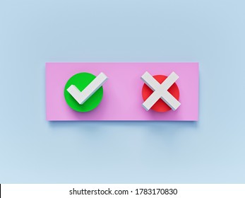 Tick And Cross Check Marks Icon On Minimal Pastel Colors Background. 3d Rendering