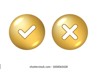 Tick and cross gold metallic sign 3d element. Golden checkmark OK, X icon on white background. Check marks graphic design. YES NO button for vote, decision, choice, web illustration