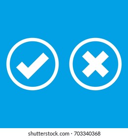 Tick and cross selection icon white isolated on blue background  illustration