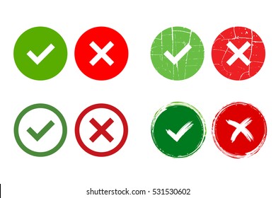 Tick and cross signs. Green checkmark OK and red X icons, isolated on white background. Grunge marks graphic design. Circle symbols YES and NO button for vote, decision, web. illustration