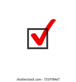 Tick Icon Symbol Doodle Style, Red Checkmark Isolated On White Background, Checked Icon Or Correct Choice Sign In Black Square, Handwritten Or Drawn Check Mark Or Checkbox Pictogram Clipart Image