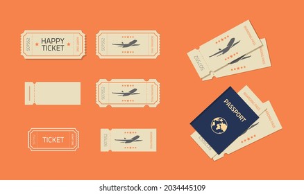 Ticket Or Coupons Template Mockup Set For Plane Flight Or Cinema Theatre Performance Old Vintage Flat Cartoon Design And Think Line Art Outline Style Isolated, Passport With Boarding Pass Image