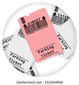 Parkplatz-Ticket - Rundsymbol-Concept-Bild - Fotografie in einem Kreis - Strichcode und Codenummern vollständig zusammengestellt