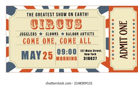 Ticket template for attending a circus performance, blue and brick color. Used in the circus, in web design, posters, banners.