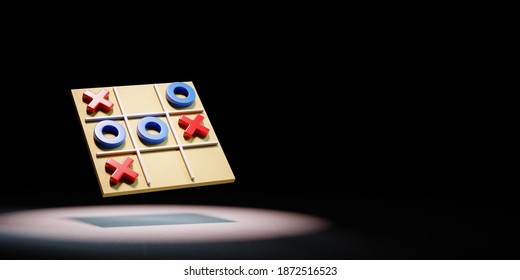 Tic-Tac-Toe Game Board Spotlighted on Black Background with Copy Space 3D Illustration