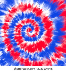 Tie Dye American Flag Background. Red And Blue Color, Abstract Psychedelic Texture. Patriotic Usa Pattern.