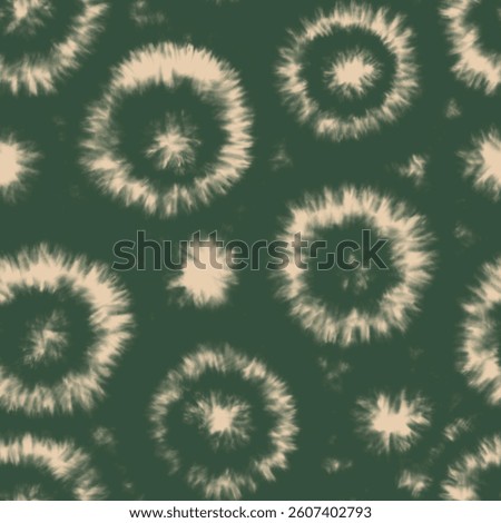 Tie dye seamless pattern with blurred beige circles on dark green background