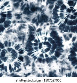 Tie dye shibori seamless pattern. Watercolor hand painted indigo black colored circle elements on white background. Watercolour abstract texture. Print for textile, fabric, wallpaper, wrapping paper.