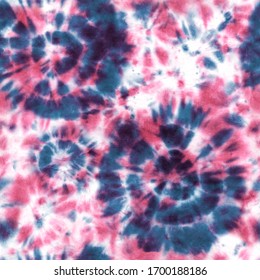 Tie dye shibori seamless pattern. Watercolor hand painted pink red indigo blue navy elements on white background. Watercolour abstract texture. Print for textile, fabric, wallpaper, wrapping paper.