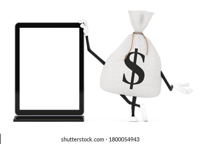 Tied Rustic Canvas Linen Money Sack Or Money Bag And Dollar Sign Character Mascot With Blank Trade Show LCD Screen Display Stand As Template For Your Design On A White Background. 3d Rendering