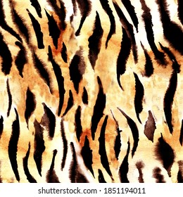 Tiger Animal Drawing Watercolor Painting Background. Abstract Animals Print Seamless Pattern