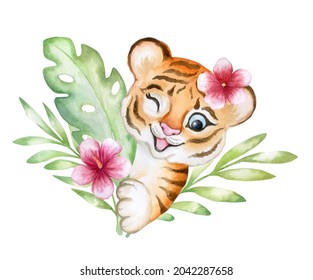 Tiger Baby, Toy, Tiger Cub Watercolor Isolated On White Background In Tropical Leaves, Plants. Animal. Watercolor. Illustration