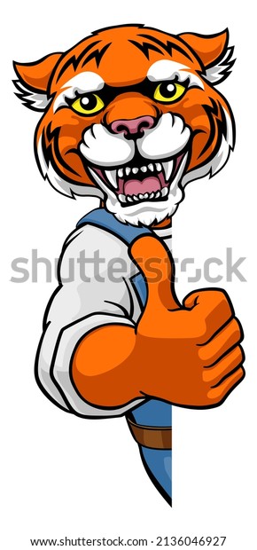 A tiger cartoon animal mascot\
gardener, carpenter, handyman, decorator or builder construction\
worker peeking around a sign and giving a thumbs\
up