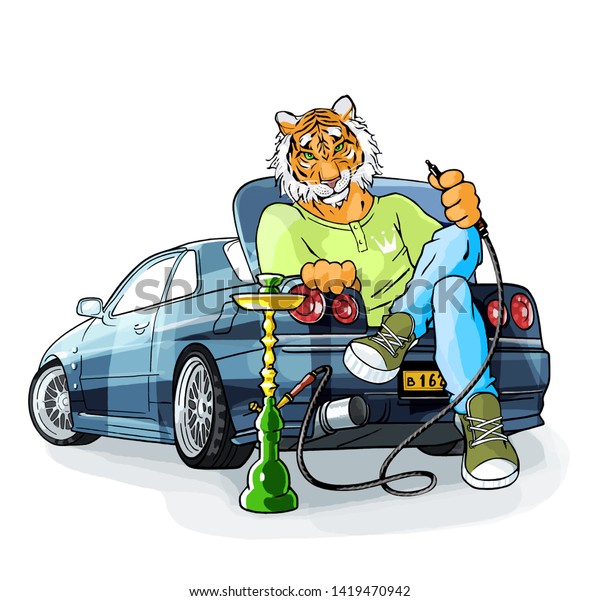 Tiger character car sits\
hookah smokes