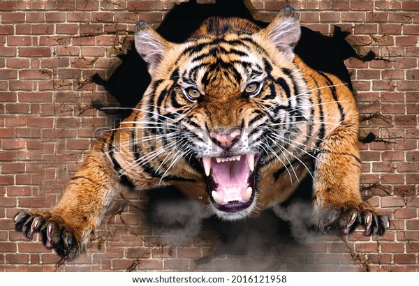 Tiger Coming out from the breaking walls, Tiger 3D Wallpaper