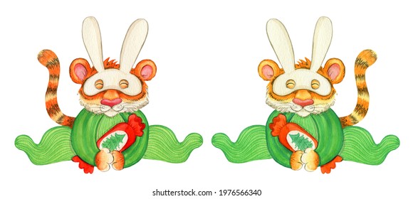 Tiger Cub Sitting In Green Onesie Dressed In Rabbit Mask Holding Candy, Watercolor Illustration