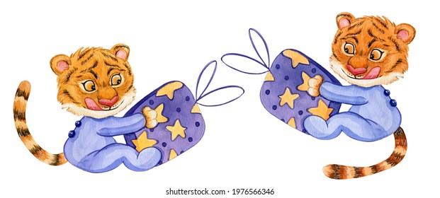 Tiger Cub Sitting In Purple Onesie With Starry Gift Box, Watercolor Illustration