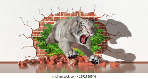 Tiger Emerging From A Fault In The Wall, 3d Illustration