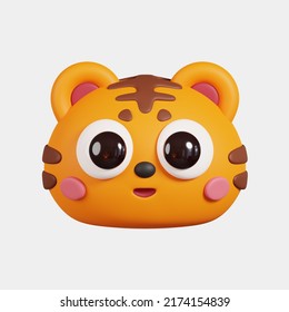 Tiger Face Front View Isolated On White Background. Cute Cartoon Animal Head. 3D Render Illustration