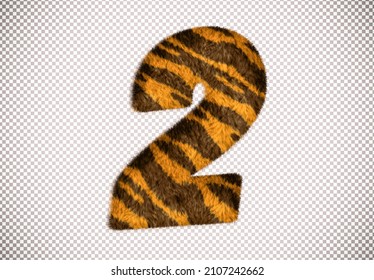 Tiger font, number 2, two with fur hairy texture. Realistic 3D render with clipping path ready to use. For your creative collection of fun font, text, headlines wording in tiger year or animal concept