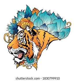 Tiger Head With Flower Oriental Chinses Illustration Doodle Tattoo  Style With Coloring With White Background 