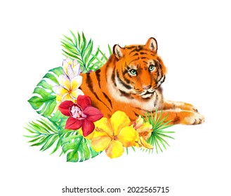 Tiger In Jungle Watercolor Bouquet. Wild Cat Animal - Symbol Of Chinese New Year 2020