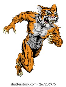 A Tiger Man Character Or Sports Mascot Charging, Sprinting Or Running