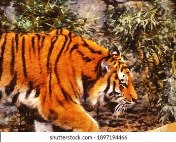 Tiger On The Background Of Plants. Artistic Work On The Theme Of Animals