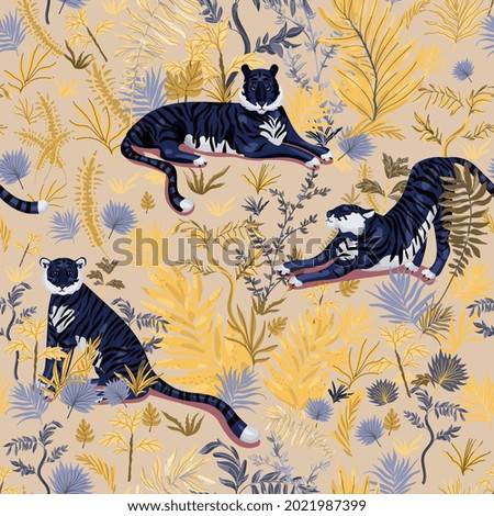 Tiger seamless repeat pattern. Surface design for fabric, wallpaper, wrap, invitation cards.  Yellow, gold, beige, black colors.