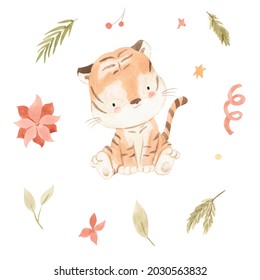 Tiger Watercolor Illustration. Baby Animal. 