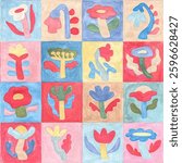 Tile seamless pattern. Decorative flowers painted with gouache. Patchwork ornament of squares.