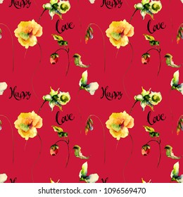Tile for wallpaper fabric and title happy   love  Hand drawn floral elements for design  seamless pattern