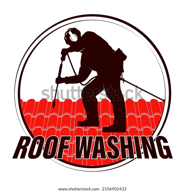 Tiled roof cleaner. Industrial washer on\
the roof. Worker with washing equipment\
symbol