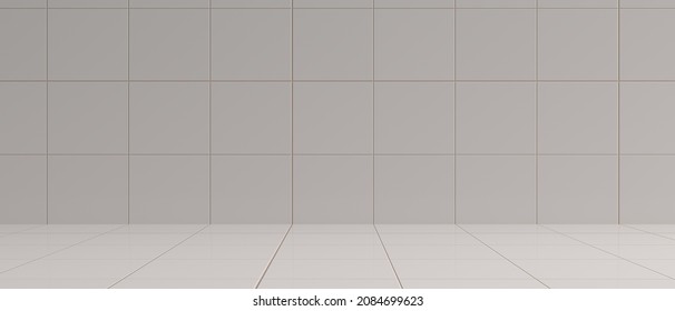 Tiled Wall And Floor Background. Empty Space, Template. Grey Color Tiles Square Pattern, Banner. Bathroom Backdrop, Interior Room Mockup. 3d Illustration