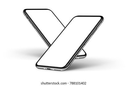 Tilt back falling down rotated smartphones mockup front sides with shadows on white background.