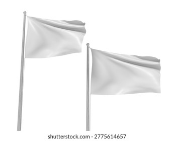 Tilted perspective view mockup of a blank white vertical flag on a metal pole isolated on white background