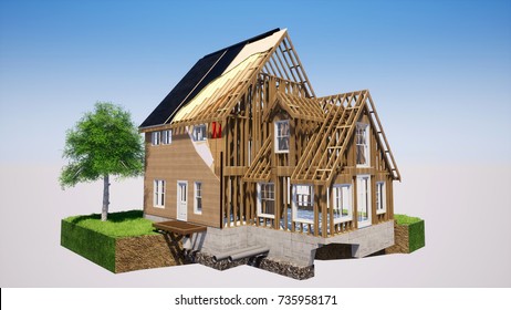 Timber Frame House Structure Elements 3D Rendering
