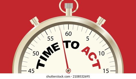 Time to act, concept clock with a secujlmer and a red arrow. Red background. Copy space. Raster version