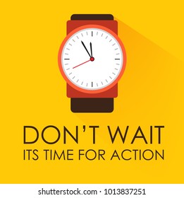 Time for Action. Dont Wait or Miss Chance Concept. Stopwatch clock ticking on dark yellow background. Modern flat design. Negative space on bottom can be used to extra wording.
