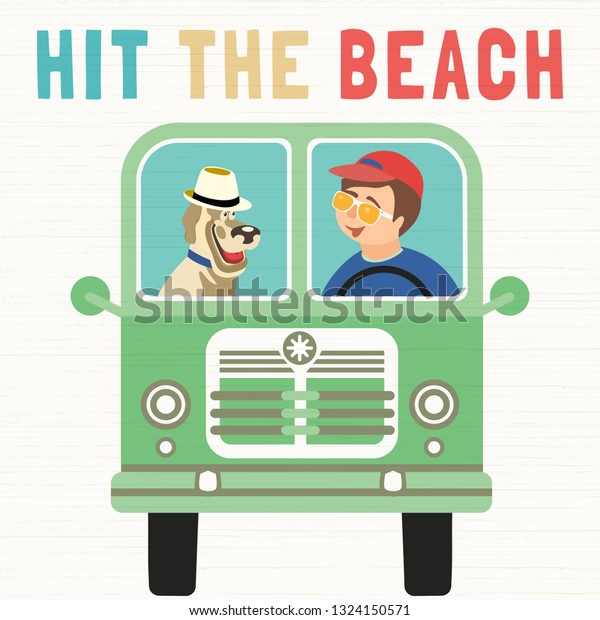 Time for adventure. Dog days of summer\
design idea. Quirky happy travellers drive by van to beach. Man,\
pet friends journey. Vacation touring by auto. Cute characters\
cartoon. Colorful\
illustration