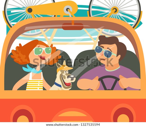 Time for adventure. Dog days of summer\
poster concept. Quirky characters happy travellers trip by van to\
beach. Family microbus journey. Vacation touring by auto. Cute\
cartoon. Colorful\
illustration