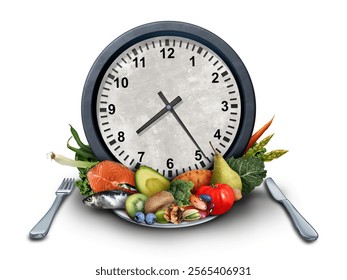 Time Based Fasting or chrono-fast to lose weight involving nutrition timing and Circadian rhythm with healthy food as fish vegetables fruit nuts and beans for fat loss with 3D illustration elements.