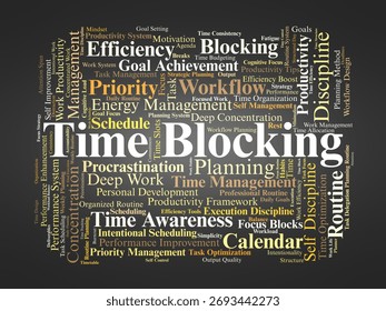 Time Blocking Word Cloud. Composition Of Terms Related To Productivity, Focus, Scheduling, Goal Setting, And Time Management Techniques For Efficient Work Planning.
