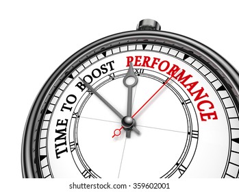 Time to boost performance motivation on concept clock, isolated on white background