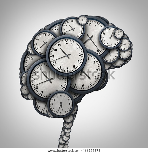 時間を考える脳は 人間の精神をビジネスの時間を守ることや 約束のストレス 締め切りの圧力 残業のアイコンとして 3dイラスト として人間の心の形をした時計のグループと考えています のイラスト素材